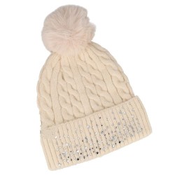 Cappello con pompon e strass - colore beige