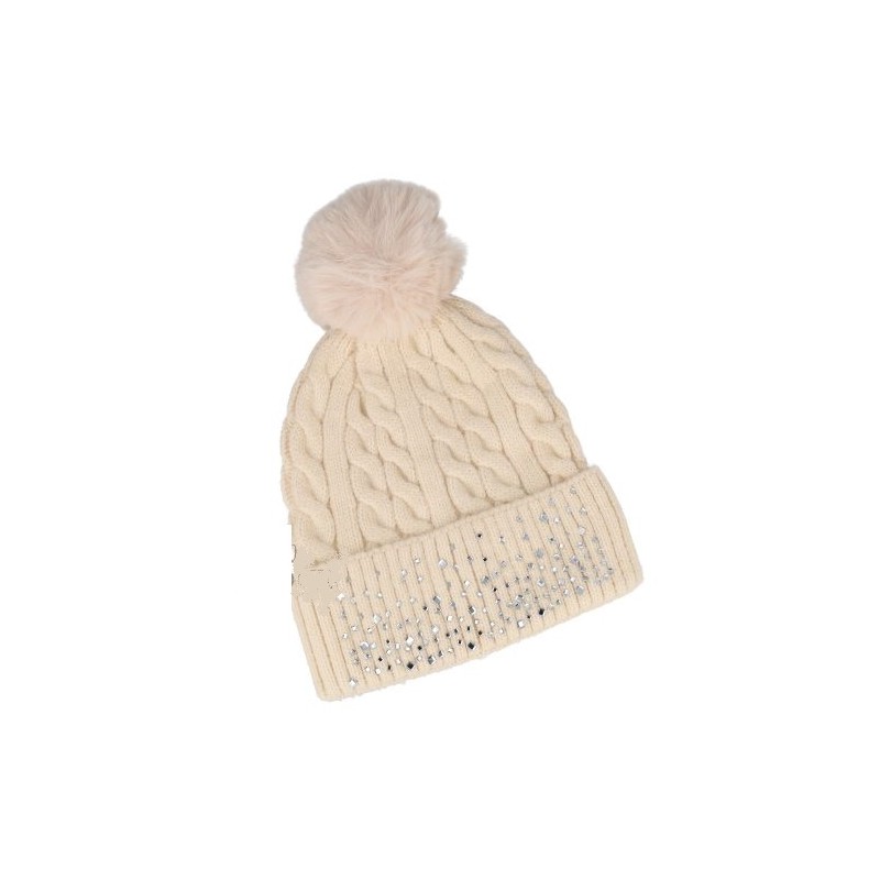 Cappello con pompon e strass - colore beige